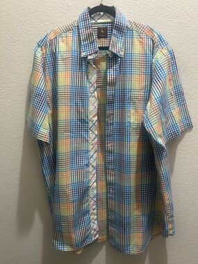 Tailorbyrd Short-Sleeve Plaid Button-Down Shirt - Blue, Yellow, Orange, Green